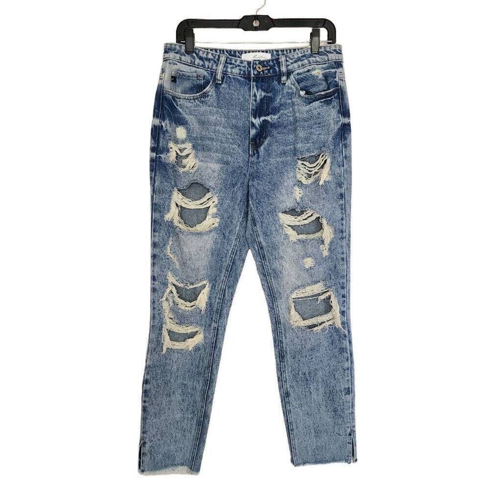 Kancan Women Jeans, High Waist Raw Hem Distressed Mom Jeans, Sz 9/28 (30in)